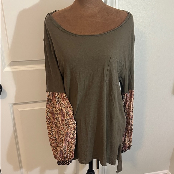 We The Free Tops - We The Free Olive Green Long Sleeve Top with Paisley Contrast Sleeves